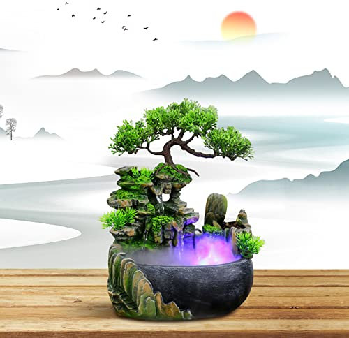 Zimmerbrunnen mit LED Beleuchtung und Pumpe Stein Brunnen Tischbrunnen, Desktop Brunnen Dekobrunnen, Brunnen Wasserfall für Zuhause, Büro, Schlafzimmer Dekoration
