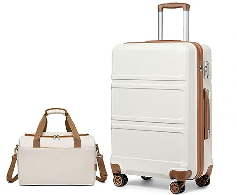 KONO Mittelgroß Reisekoffer Rollkoffer Set Gepäcksets 2 Teilig, 65cm Mittelgroß Trolley Koffer mit Ryanair Reisetasche 40x20x25cm, Cremeweiß