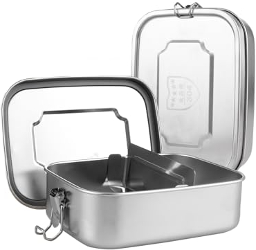 APACALI 2 Stück Brotdose Metall, Brotdose Edelstahl Mit FäChern, 1200ml Auslaufsicher Lunchbox, Bento Box Edelstahl mit Abtrennung und Dichtring, Brotdose Metall für Arbeit, Wandern, Picknick(Silber)