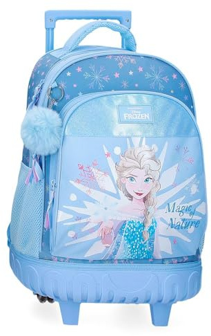 Joumma Bags Disney Die Eiskönigin Magic Kinderrucksack, blau, aus Polyester, verstellbare Träger für bequemes Tragen, verschiedene Fächer, mit blauem Bommel, blau, Rucksack mit Rädern
