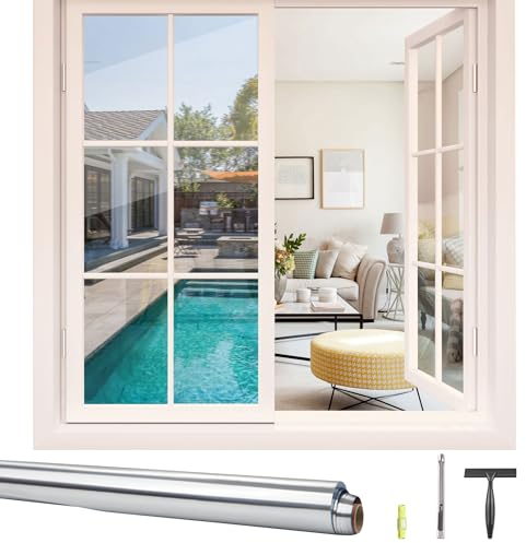 KROMAPOLIS Fensterfolie Blickdicht von Aussen, Spiegelfolie Fenster Sichtschutz Selbstklebend, Hitzeisolierend und UV-Beständig,Silber Farben 44,5 x 200