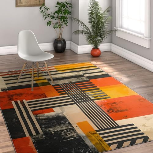 OLLIAR Home Boho Vintage Bereich Teppiche Orange Großer waschbarer Teppich für Schlafzimmer Ultradünner Rutschfester Teppich Abstrakte Geometrie Muster Teppiche 120x200cm