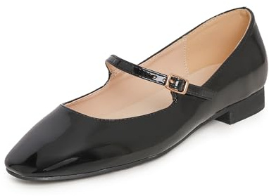Feversole Women's Square Toe Mary Jane Fashion，Punta Quadrata Easy Buckle Tacco Basso Slip On Flats in Pelle Vegana Nero Taglie 39 EU