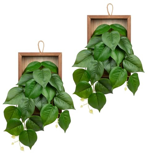 Hollyone 2 Stück Künstliche Pflanze Hängend, Jade Pothos Hängepflanze mit Holzrahmen, Kunstpflanze Wie Echt Zimmerpflanze Deko Pflanzen, Fake Grünpflanze für Heimdeko, Wohnzimmer, Wandbehang