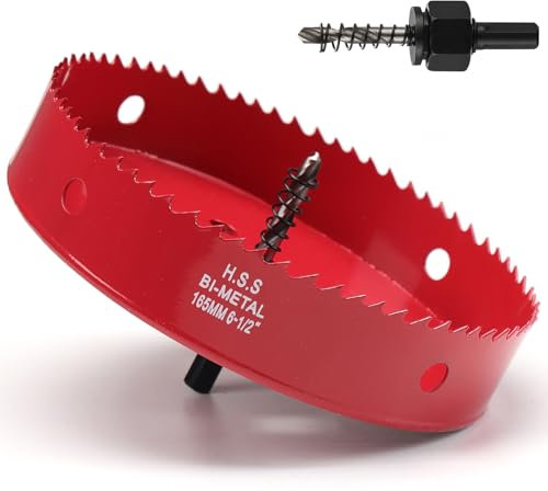 165mm Hole Saw, HSS Bi-Metal Hole Cutter with Drill Bit, Heavy Duty Hole Saw for Wood, Plastic, Drywall, Fiberglass, Red