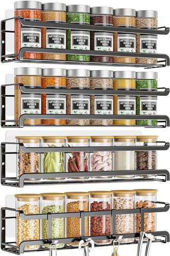 TRAYINDALY Gewürzregal Wand, 4er Metall Gewürz Organizer, Selbstklebend Spice Rack, Gewürzregal Ohne Bohren, Gewürzständer Schwarz, Gewürzregal Hängend für Küchenablage Schranktür