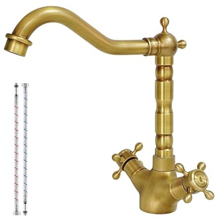 KOPYFANTAP Robinet de Lavabo en Laiton Antique, Robinet Cuisine Laiton Rétro à Double Poignée, Rotatif à 360° Mitigeur en Bronze de Salle de Bain Chaud et Froid