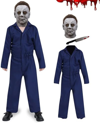 Yearsahrk Costume da Michael Myers per Bambini, Set Completo di 3 Pezzi con Maschera dell'Orrore Michael Myers, Tuta con Giocattolo Sanguinante, Costume per Carnevale e Halloween, Set per Cosplay