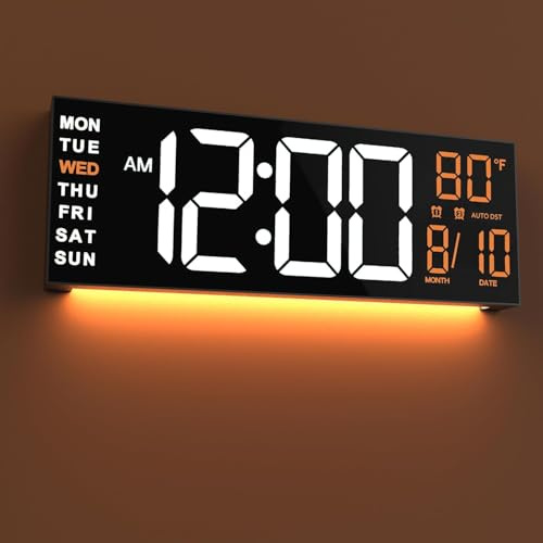 JALL 16 Large Digital Wall Mount Clock, Count Down Timer, Alarm, Big LED, RGB Color, DST, Temperature for Living Room Classroom Desk, Xmas, Birthday Gift Digital Wall Clock for Senior (White Orange)