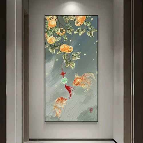 NXMYDBD Kaki im chinesischen Stil, die Glück impliziert, Karpfenblüte, Poster, pastorale Leinwandmalerei, Wanddruck, Bild, Zimmer, Heimdekoration, 50 x 100 cm (20 x 39 Zoll), ungerahmt