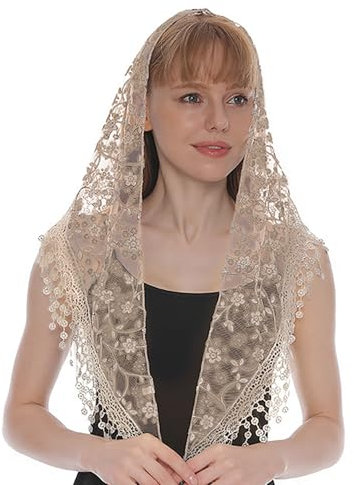 Xvbhaq Katholischen Schleier, Dreiecksschleier, Spitze, Kopfbedeckung, Beige, Schal für Themenparty, Hochzeit, Maskerade, Kirchenkirche
