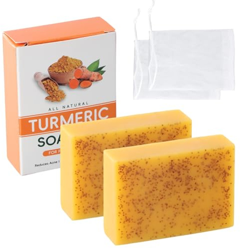 Kurkuma Seife, Zitrone Turmeric Soap mit Schaumnetz, Natürliche Handgemachte Aufhellende Gesichtsseife für Alle Hauttypen, Kojisäure Kurkuma Seifenstück für Gesicht und Körper (2 x 100g)