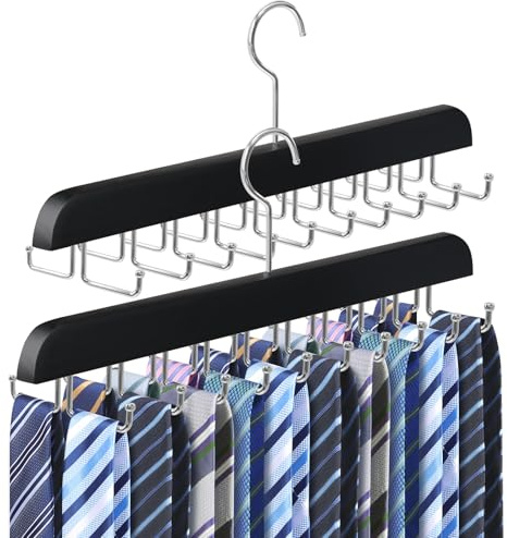 2 Pack Tie Rack Belt Hanger for Closet Upgraded Non Slip Tie Hanger Space Saving with 20 Foldable Hooks Wooden Belt Tie Organizer for Tank Tops Bras Cami Scarves