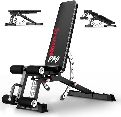 Keppi Hantelbank Verstellbar, mit 600 kg Kapazität, Schrägbank & Flachbank für Heim-Fitness, Multifunktionale Trainingsbank für Bankdrücken, Krafttraining und Ganzkörper Workouts - Bench1000 Pro