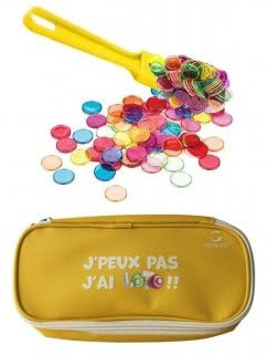 cavernedesjouets Kit Accessoires Loto Bingo 3 en 1 - Trousse + Baton ramasse jetons magnetique Jaune + 100 pions aimantes - Set Materiel Jeu + Carte