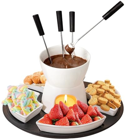 Fondue de chocolate, juego de fuente de chocolate con 4 tenedores y 4 platos, fondue de chocolate de cerámica, set de fondue de chocolate, para queso, fondue familiar, postre
