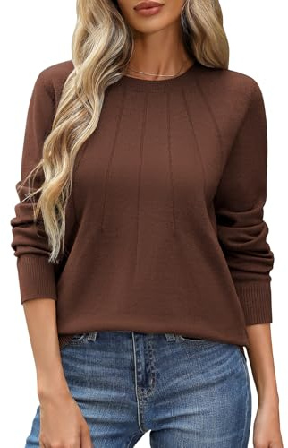 PASUDA Pullover Damen Herbst Winter Langarmshirt Elegant Sweatshirt Leichter Strickpullover Dünner Elastischer Casual Langarm Pulli Oberteile Rundhals Sweater Feinstrickpullover (Braun, L)
