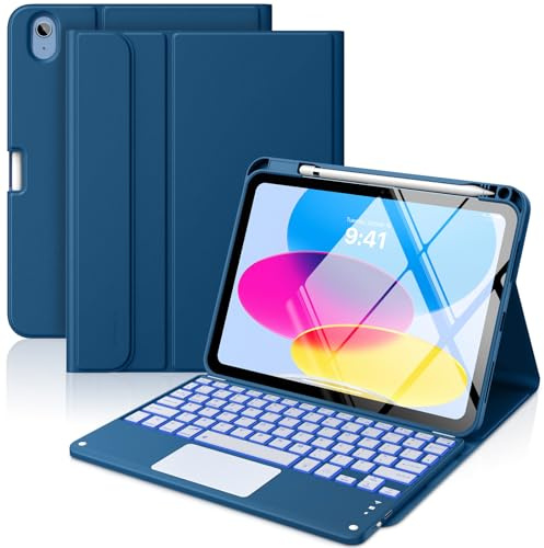 MoKo iPad 11ª/10ª Generación Funda con Teclado 2025/2024, 7 Colores Retroiluminación y Trackpad Multi-Touch, Teclado Desmontable Funda Folio Soporte con Soporte para Lápiz, Azul Marino Oscuro
