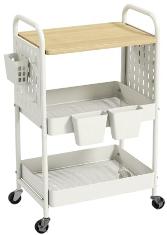 danpinera 3 Tier Rolling Cart, Metal Utility Cart with Wooden Table Top & DIY Pegboard, Rolling Carts, Storage Cart with Hooks & Hanging Cups for Kitchen, Bathroom, Office