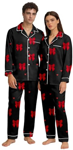 Generico Pigiami Abbinati Coppia, Pigiama per San Valentino con Stampa Floreale A Cuore Top A Maniche Lunghe E Pantaloni Comodo Abbigliamento da Casa