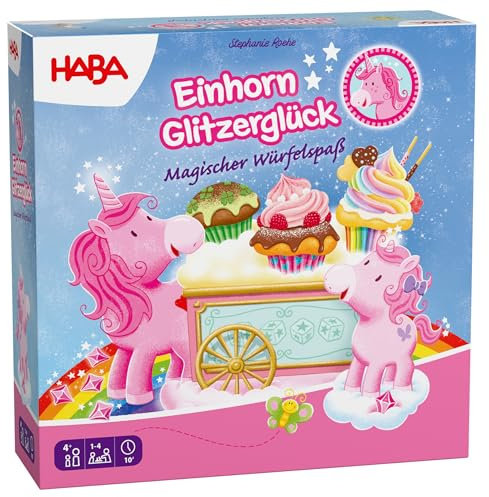 HABA Einhorn Glitzerglück – Magischer Würfelspaß ab 4 Jahren – Würfelspiel für 2–4 Kinder, kooperativ & kompetitiv, fördert Zahlenverständnis – 2013170001