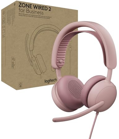 Logitech Zone Wired 2 for Business: Auriculares con cancelación de Ruido | ANC híbrida adaptativa, con certificación para Microsoft Teams, USB-C con adaptador USB-A - Rosa