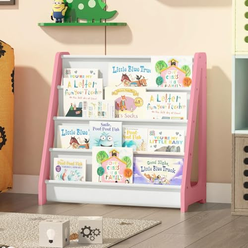 KEEPREAPER Bücherregal Kinder 4 Ebenen Bücher-Organizer, 60x30x60cm | Kinderregal mit 4 Stofffächern Kinderzimmer Regal