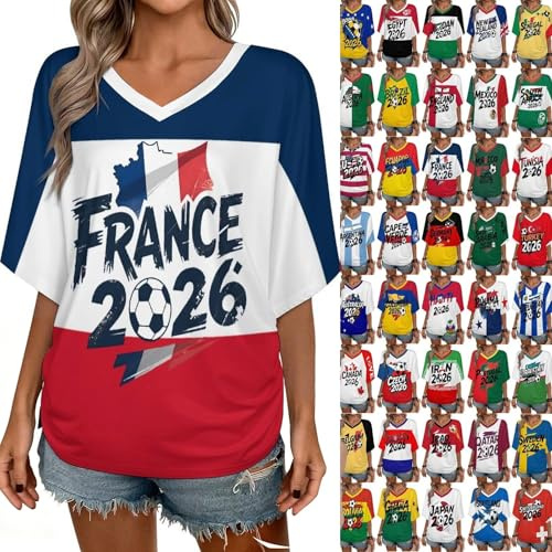 T Shirt Personnalisé Femme Fan Foot pour Coupe du Monde T Shirt Oversize Col V Camiseta Imprimé Drapeau National Maillot à Manches Courtes Coupe du Monde 2026 DérivéS VêTements