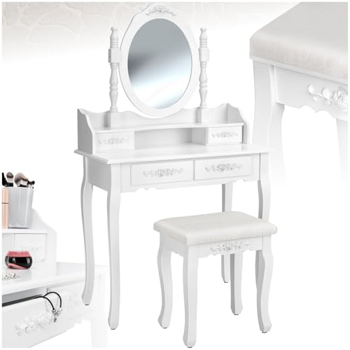tectake® Toletta da Trucco, Tavolo con Specchiera, Girevole, 360°, Sgabello Imbottito, Cassetti Ampi per Cosmetici, Dimensioni 75x40x143cm, Finitura Lucida - Bianco