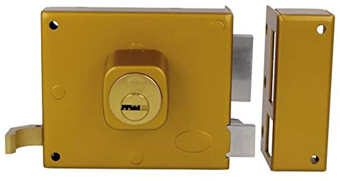 Amig - Cerradura de Sobreponer de Derecha con Palanca de Cierre, Lengüeta y Tirador para Puertas de Madera Mod. 72-100 x 85 mm - Pestillo Con Cilindro Redondo - Acero Esmaltado Oro