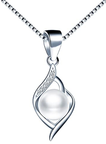 MicLee Damen Kette Halskette Anhänger 925 Sterling Silber Eingelegter Zirkonia Twist Blitzform Anhänger mit Perlen 45CM Kettenlänge