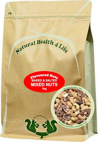 Natural Health 4 Life Baked & Salted Mixed Nuts 1kg, Cashews, Almonds & Pecans, Vegan & Gluten Free, High Protein & Fibre, Mix Nuts Snack in Eco-Friendly Kraft Foil-Lined Pouch (1 Pouch)