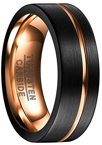 VAKKI Mens Tungsten Band Black Wedding Engagement Ring with Rose Gold Groove Brushed Finish Comfort Fit Size S 1/2