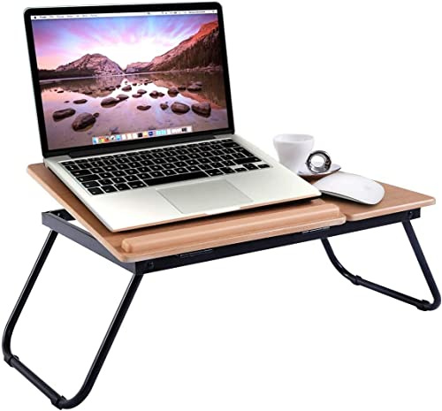 LIFEZEAL Tavolino, Vassoio da Letto per PC, Colazione, Mangiare, Pieghevole, Regolabile, Inclinabile, Servitore, con 2 Piani Separati, Barra Anticaduta (beige)