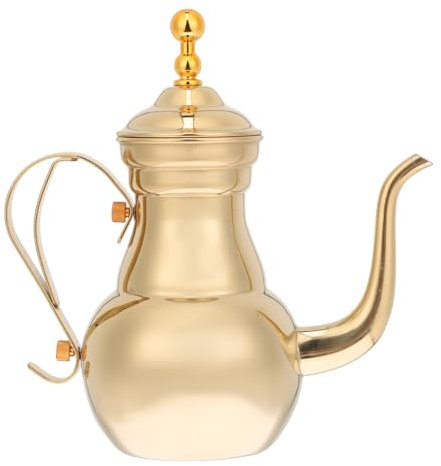 Golden Stainless Steel Arabic Coffee Pot with Gooseneck Spout and Filter for Turkish Coffee, 1.1L Decorative Kettle for Home, Camping, and Stovetop Use