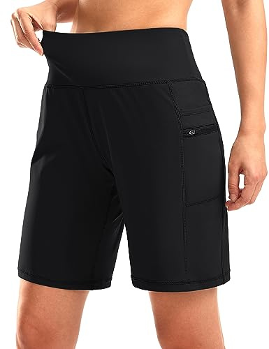 G Gradual Women's High Waisted 9 Bermuda Shorts with Zipper Pockets Athletic Workout Long Shorts for Women Knee Length(Black,L)