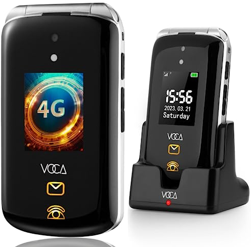 VOCA Telefono a conchiglia con grandi tasti per anziani, Doppio schermo, 4G LTE, Volume elevato, Pulsante SOS | Compatibilità con apparecchi acustici | Dock di ricarica | Testo predittivo | V543