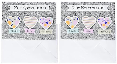 Perleberg Kommunionskarte in 11,6 x 16,6 cm - Hochwertige Glückwunschkarte zur Kommunion im Glimmermotiv mit 3 Herzen- Karte zur Kommunion Jungen- Ideal für Geldgeschenke, 7120022-2,Grau,Packung mit 2