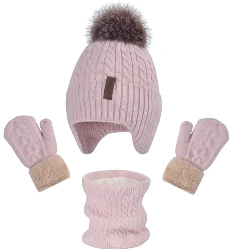 Winter Hat Gloves Scarf Set for Kids Earflap Beanie with Cute Pom Knit Neck Warmer Mittens Girls Children Baby Toddler Pink Warm Wool Fleece Lining 2 3 4 5 6 Years Old