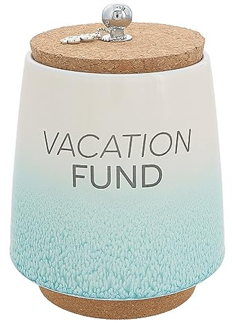 Pavilion Gift Company - Vacation Fund 6.5-inch Unique Ceramic Piggy Bank Savings Bank Money Jar with Cork Base and Cork Lid, Ombre Teal