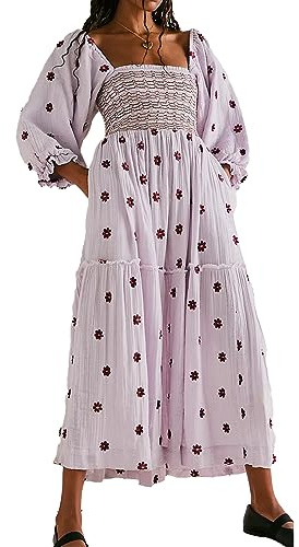 ABYOVRT Women Floral Embroidered Maxi Dress Long Puff Sleeve Square Neck Bohemian Flowy Dress with Pockets Summer Fall (Purple,S)
