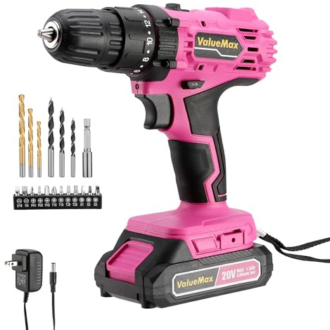 ValueMax Pink Cordless Drill Set, 20V Lithium-ion Power Drill Set with LED Light and Magnetic Holder, 3/8-Inch Keyless Chuck, 18+1 Torque Settings, Electric Cordless Drill Set with Battery and Charger