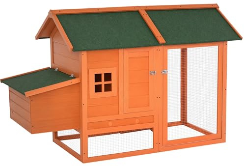 PawHut Pollaio per Galline in Legno Prefabbricato con Nido per Cova e Vassoio Estraibile per Giardino, 170x74x106 cm, Arancione e Verde