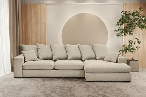 Kaiser Möbel - Ecksofa mit Schlaffunktion und Bettkasten, Wohnlandschaft L-Form, Schlafsofa, Klappsofa, Bequemes Couch mit Ottomane für Wohnzimmer, Relaxsofa, Riviera Stoff, Gabon, Hellbeige, Rechts