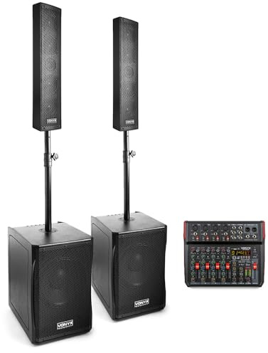 VONYX VX1200 Active Column Line Array PA System Package with Dual 12-inch Subwoofers, VMKG08 8-Channel Mixer, Bluetooth, DSP Effects & Cables – Ideal for Bands, DJs, Live Events & Venue Sound