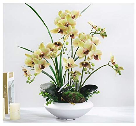 Künstliche Blumen, künstliche Orchideen mit Blumentopf – Phalaenopsis-Blumenarrangements, Bonsai-Phalaenopsis-Orchideen mit Blättern, Stieldekoration für Zuhause/Küche/Schlafzimmer/Büro/Rosa (Gelb)