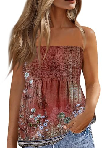 Hauts d'été pour Femmes,Femmes Debardeur été Sexy Bustier Tube Top épaules Dénudées Hauts sans Manches sans Bretelles Bandeau Floral Blouse Chemise Débardeur Femme Chic,Rouge Profond,M,B184