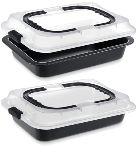 Qinyoung 2 Pcs Cake Baking Pan with Lid and Handle, 9 x 13 Inch Non-stick Rectangle Sheet Cake Pan Carrier for Brownie Roasting Cooking Baking (Black Gray)