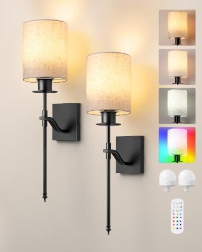 EDISHINE 2 Apliques de Pared Interiores Recargables, LED RGBW Regulable | Lámpara de pared E27 con mando a distancia, bombilla incluida, 12 colores, 2 modos, 3 temperaturas de color, Beige & Negro