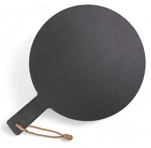 MIJOMA Piatto rotondo in ardesia con manico, 43,5 x 32 cm, elegante design naturale, piatto per formaggi rustico, robusto e decorativo